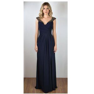 XSCAPE Off the Shoulder Beaded Gown, Navy Blue, Womens Size 2